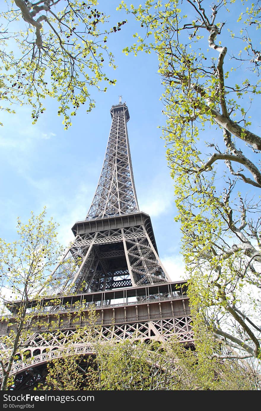 Springtime shot of Paris icon the Eiffel Tower seen from the Champs de Mars. Springtime shot of Paris icon the Eiffel Tower seen from the Champs de Mars