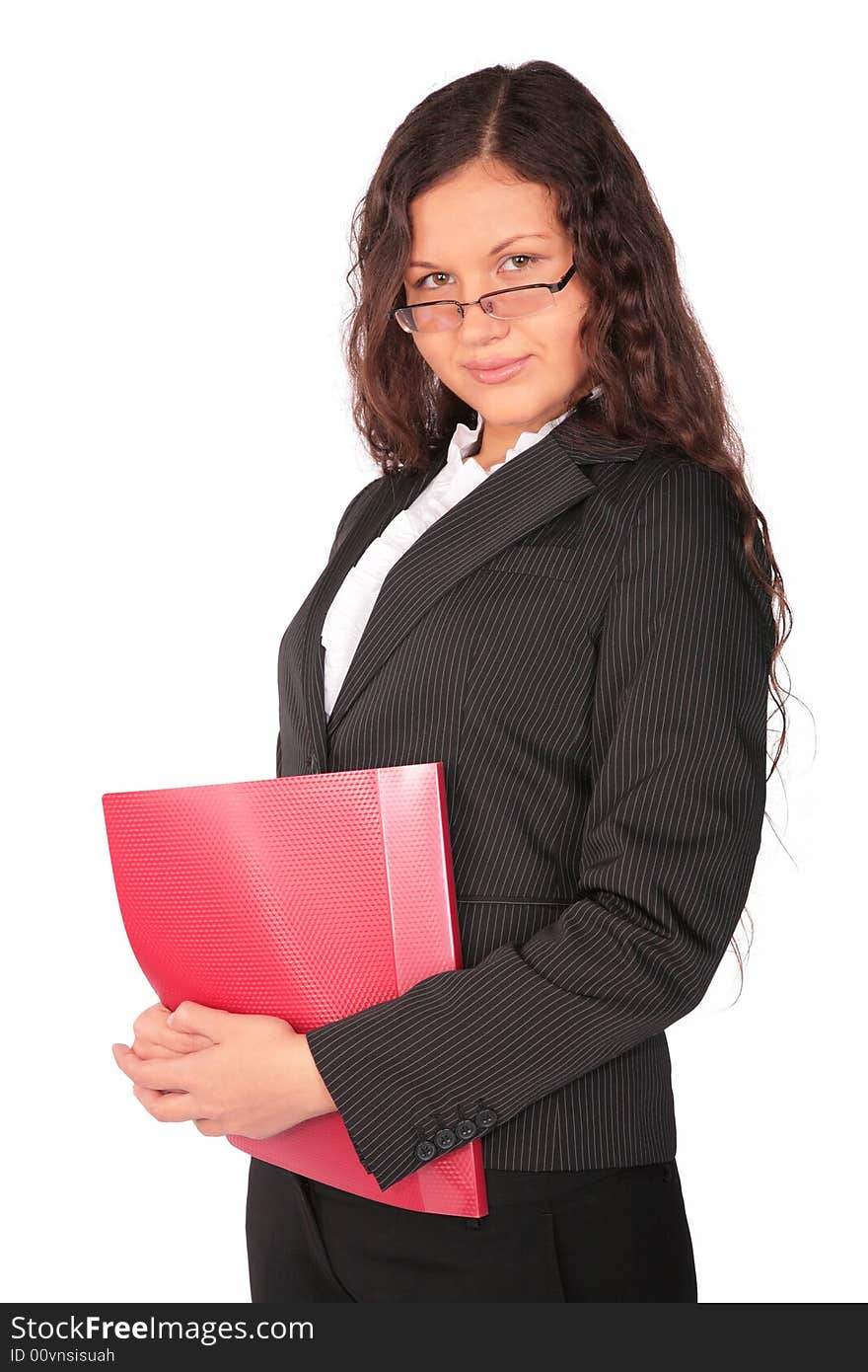 Beautiful brown-haired woman with red folder