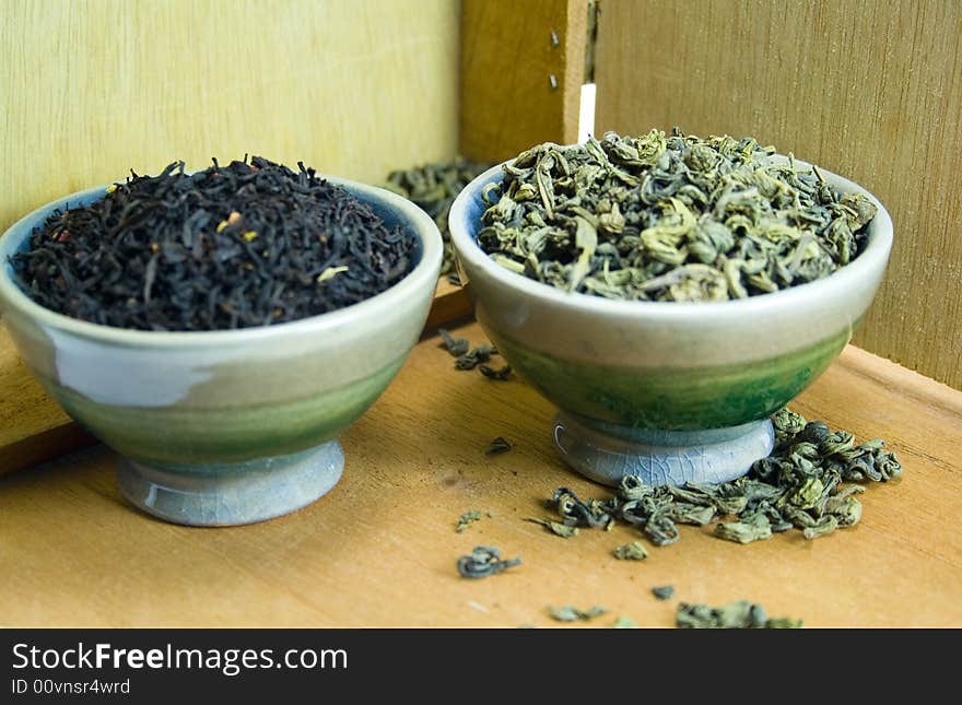 Two bowls of tea on background of wooden box