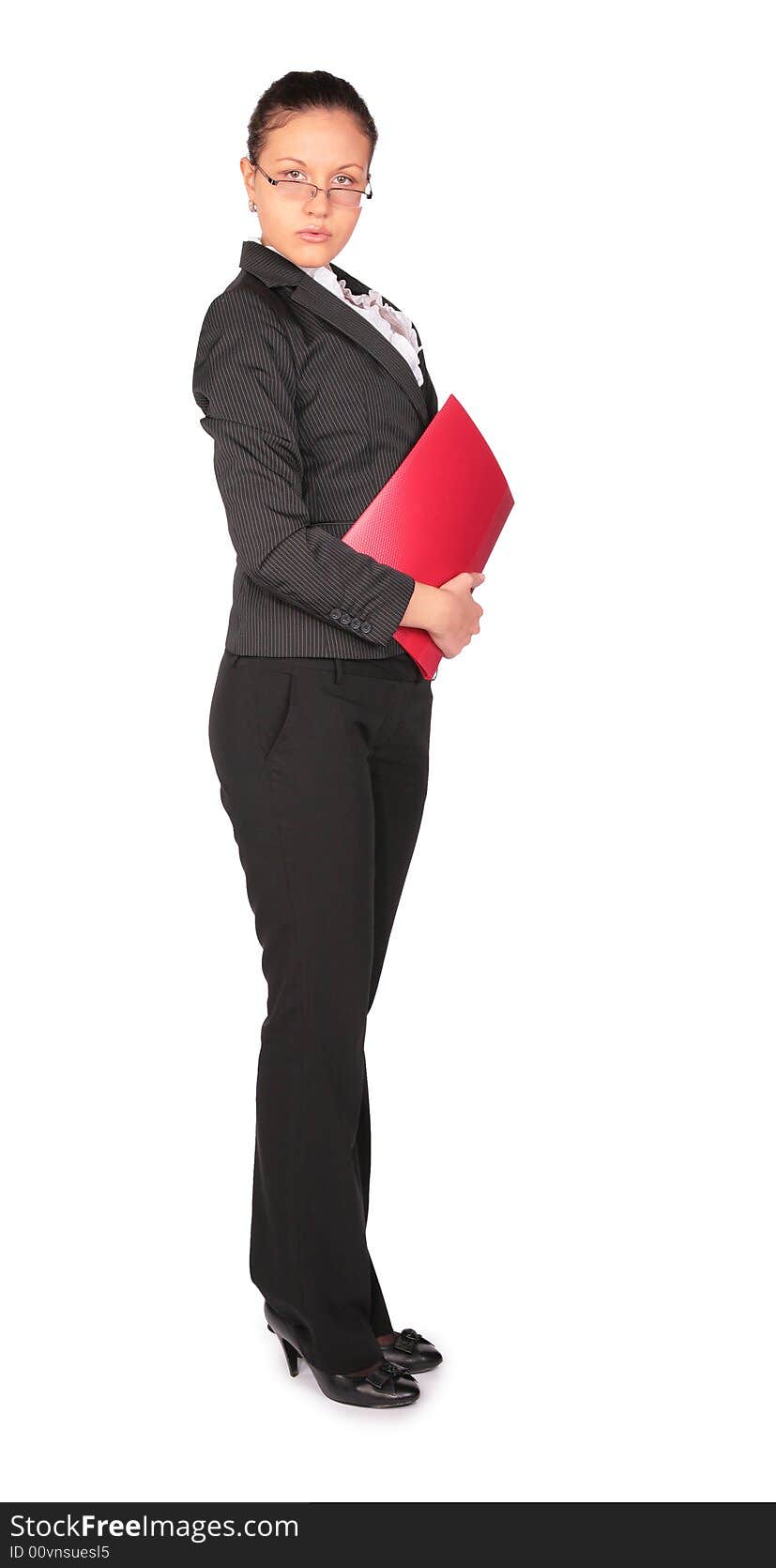 Brown-haired Woman Stands With  Red Folder