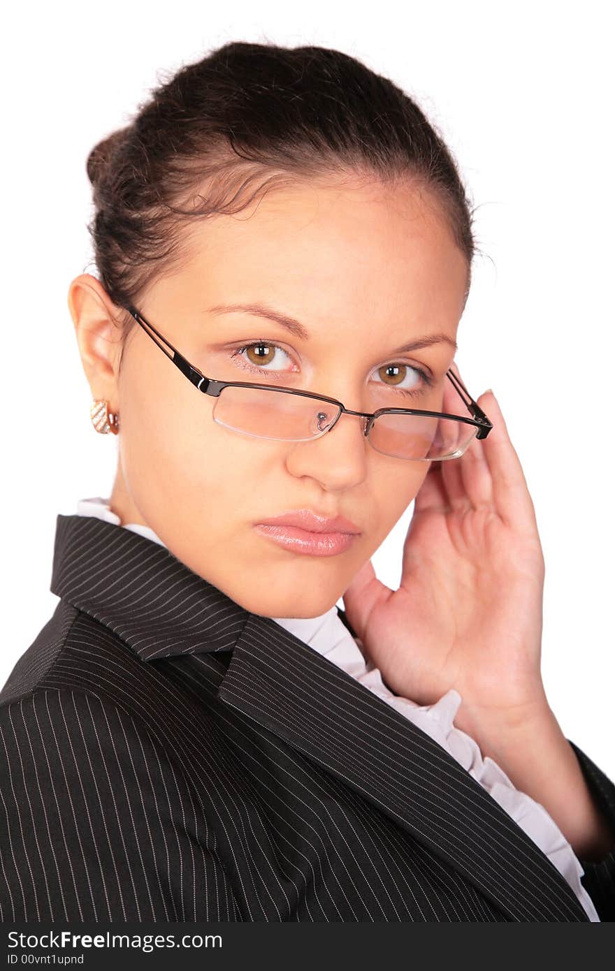 Beautiful brown-haired woman in glasses on white