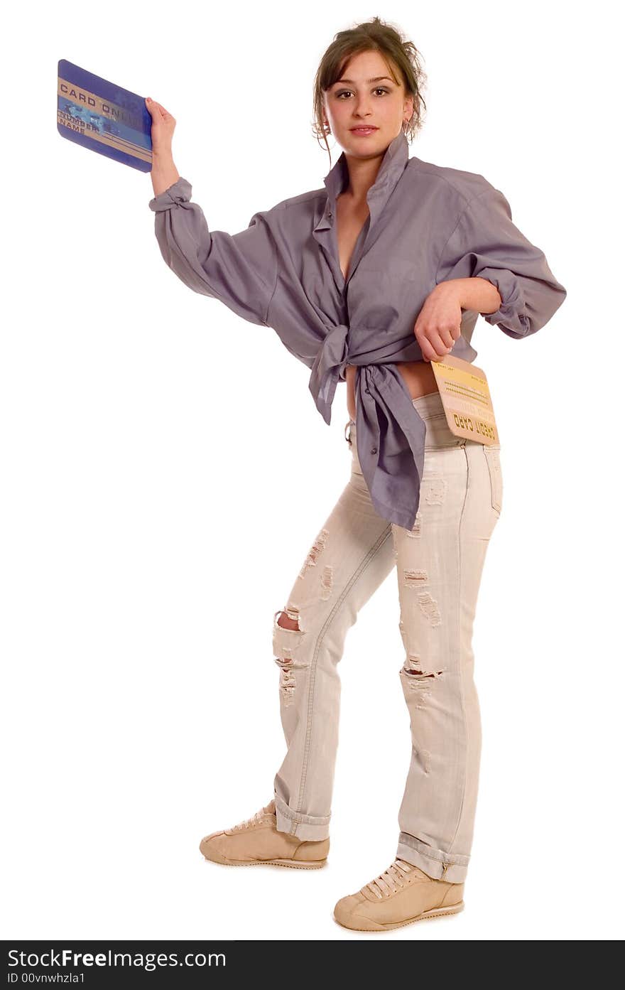 Young woman holding internet credit cards on white backgrounds