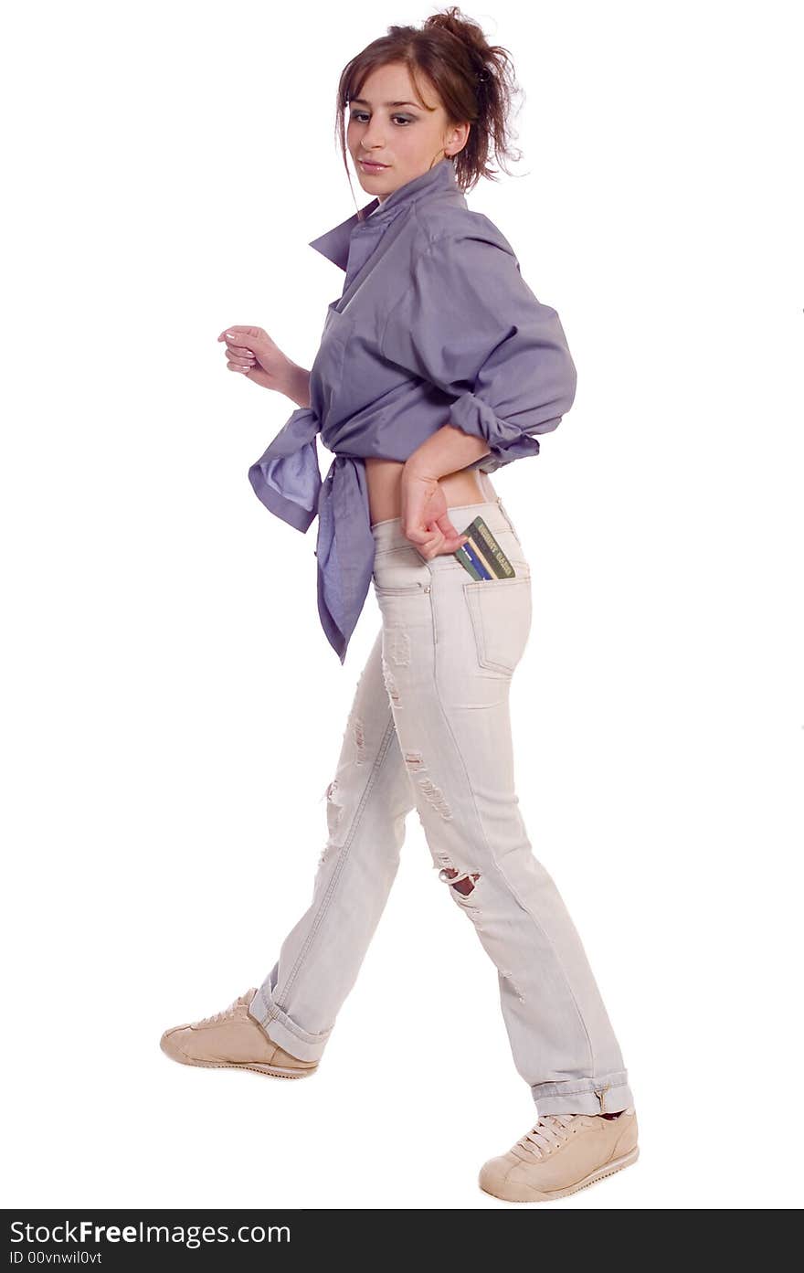 Young woman holding internet credit cards on white backgrounds