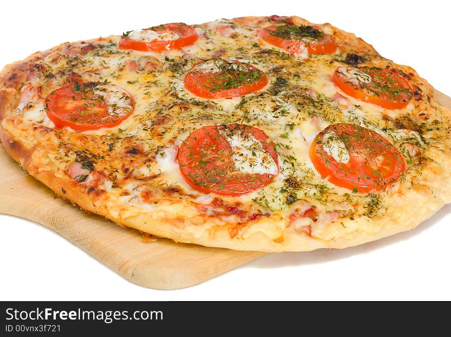 Pizza on board, isolated over white background