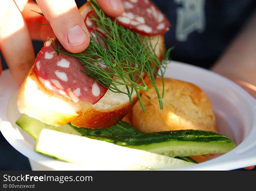 Hand is taking a swandwich with sausage and 	fennel from a plastic plate during summer time picnic. Hand is taking a swandwich with sausage and 	fennel from a plastic plate during summer time picnic