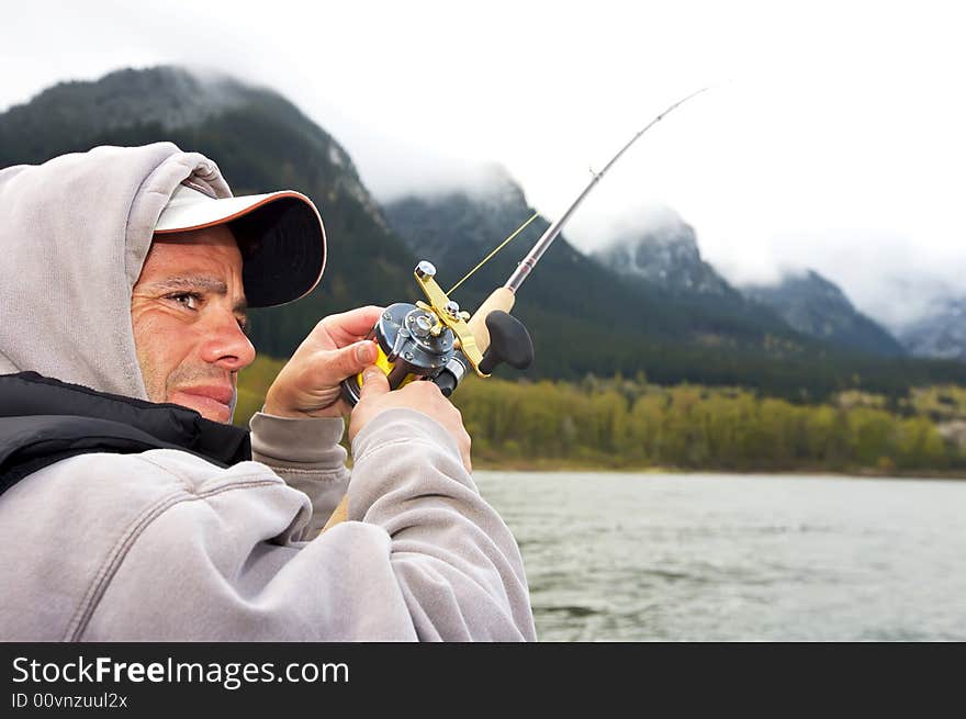 Salmon Fisherman on a cold foggy morning