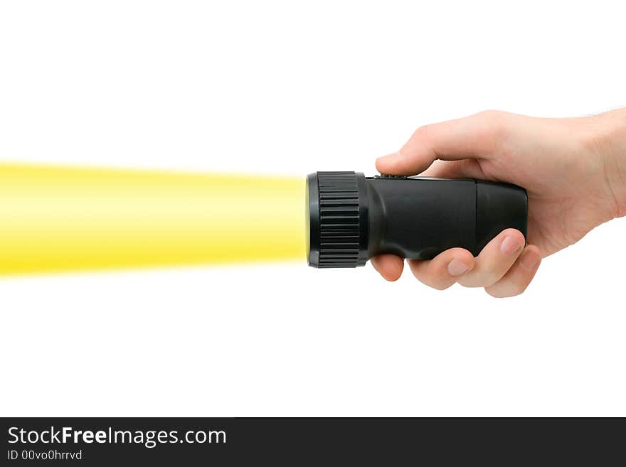 Flashlight in hand, isolated on white background