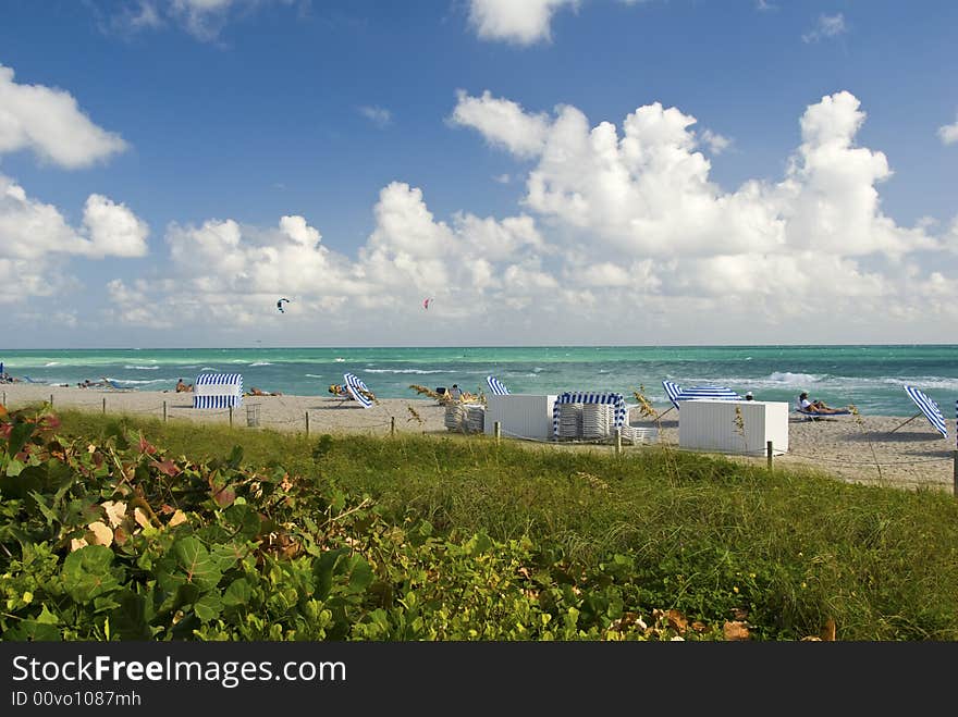 Beach Chairs And Umbrellas On Beach