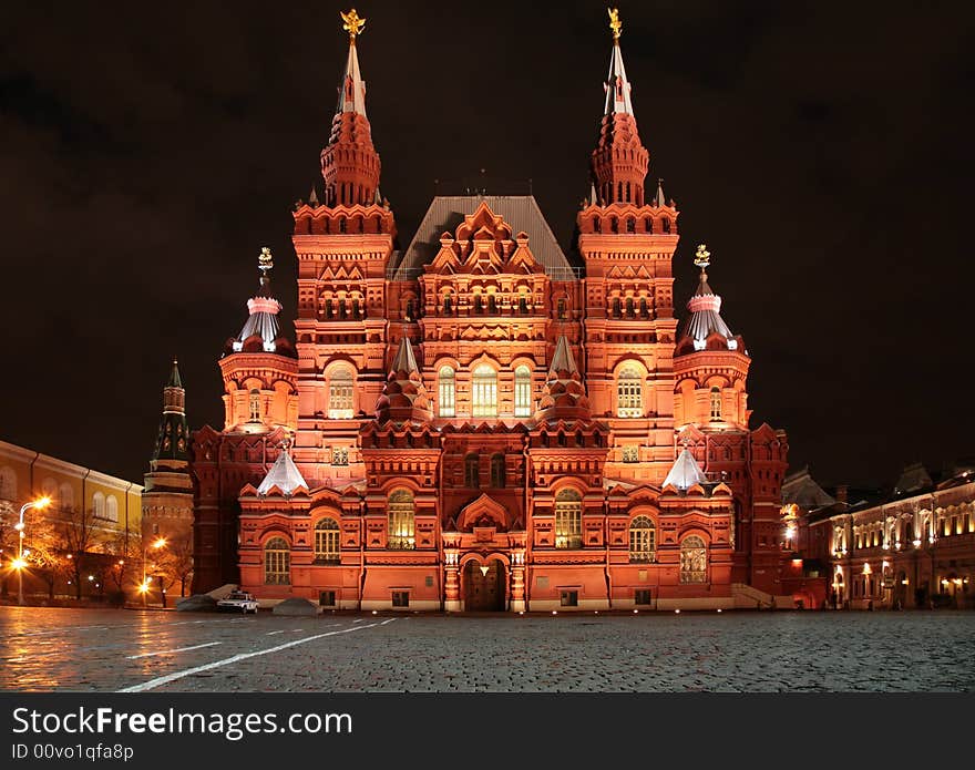 Facade of Moscow historical museum at night