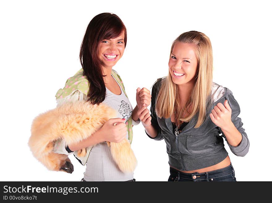 Two merry girls on white