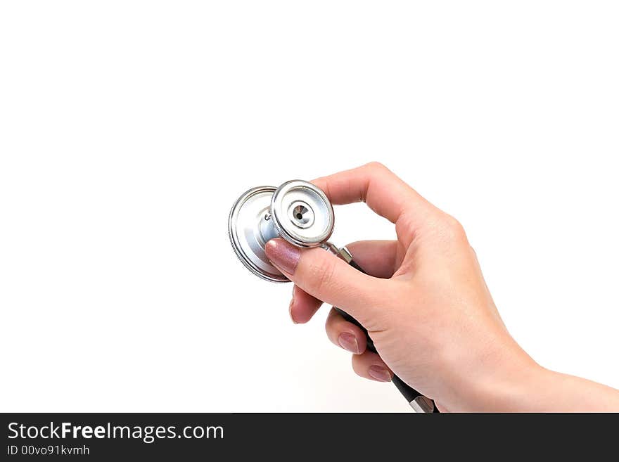 Stethoscope in hand on white background