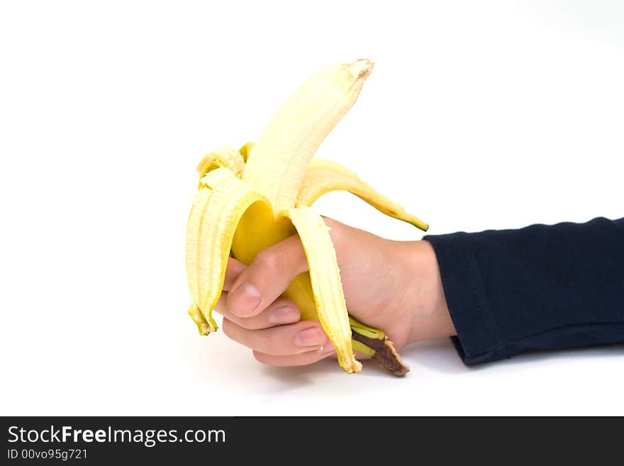 Banana in hand on white background