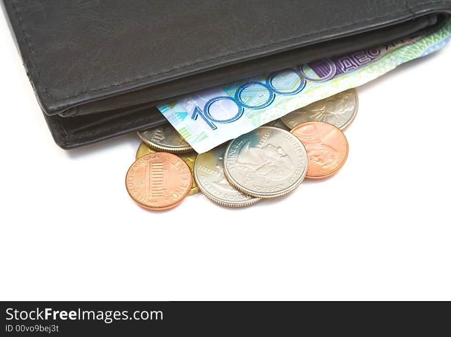 Purse with cash on white background