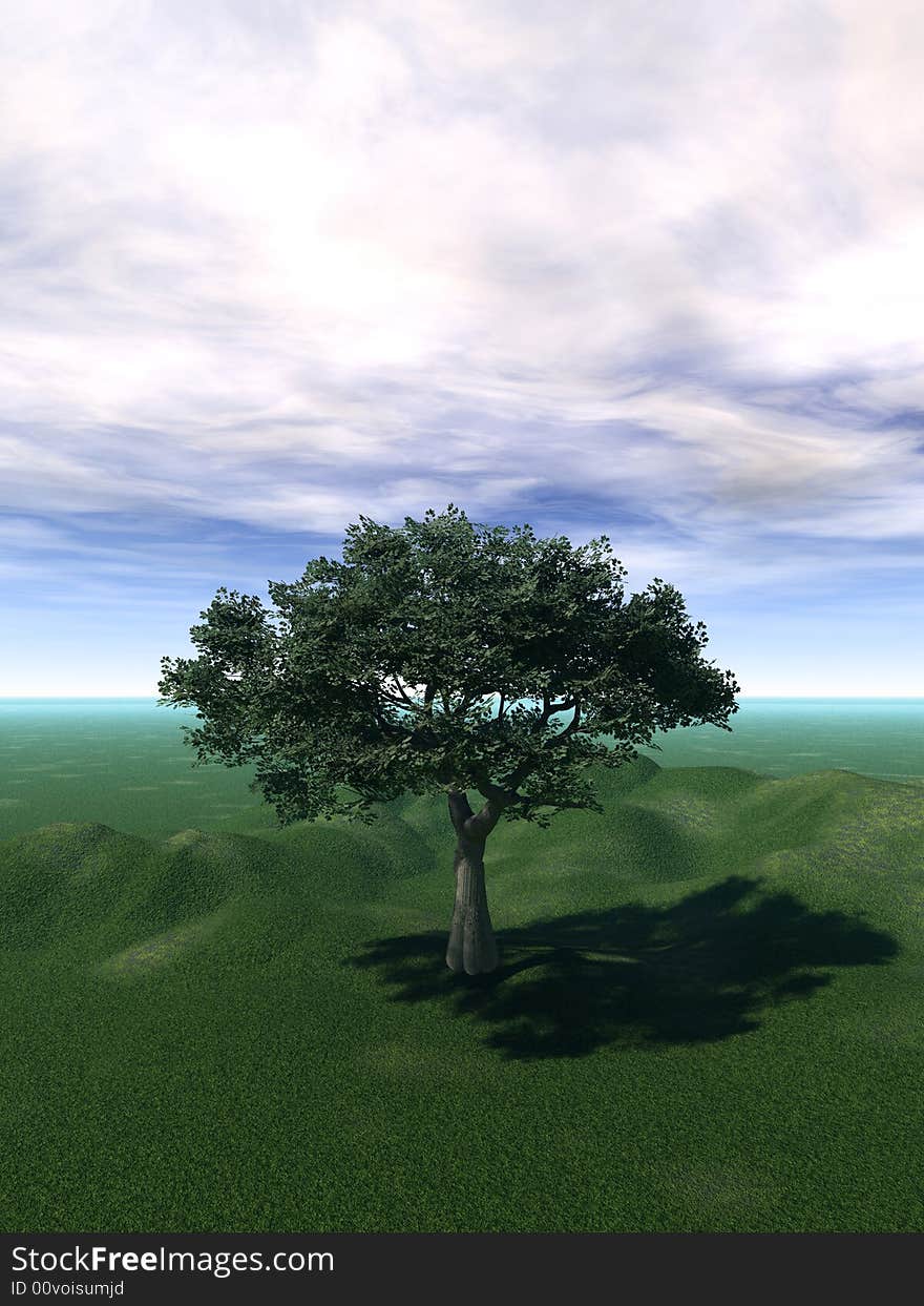 Alone tree and beautiful sky with clouds - 3d landscape scene. Alone tree and beautiful sky with clouds - 3d landscape scene.