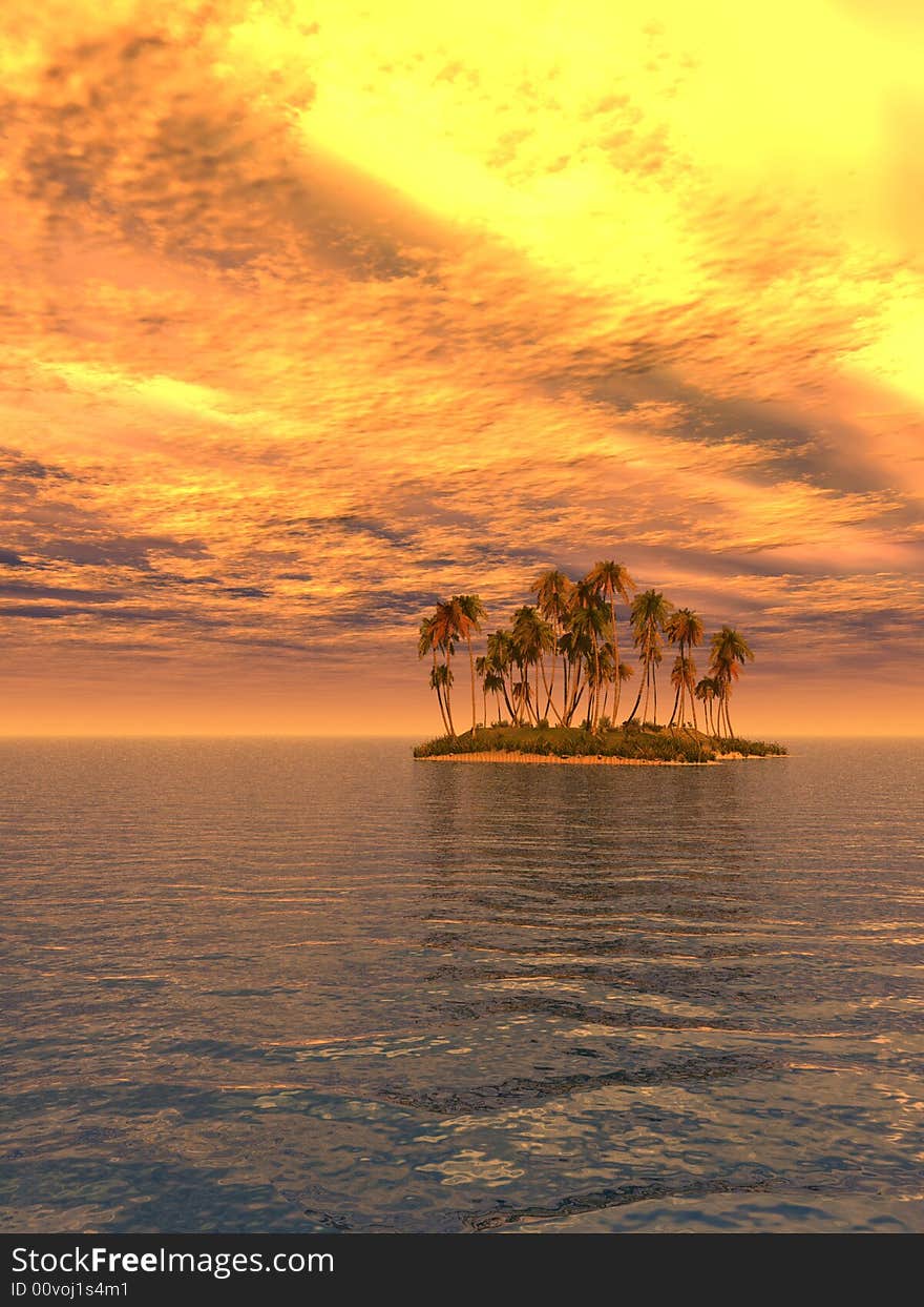 Sunset coconut palm trees on small island - 3d illustration.