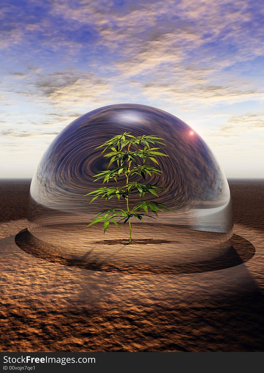 Plant under a glass dome in desert. Plant under a glass dome in desert