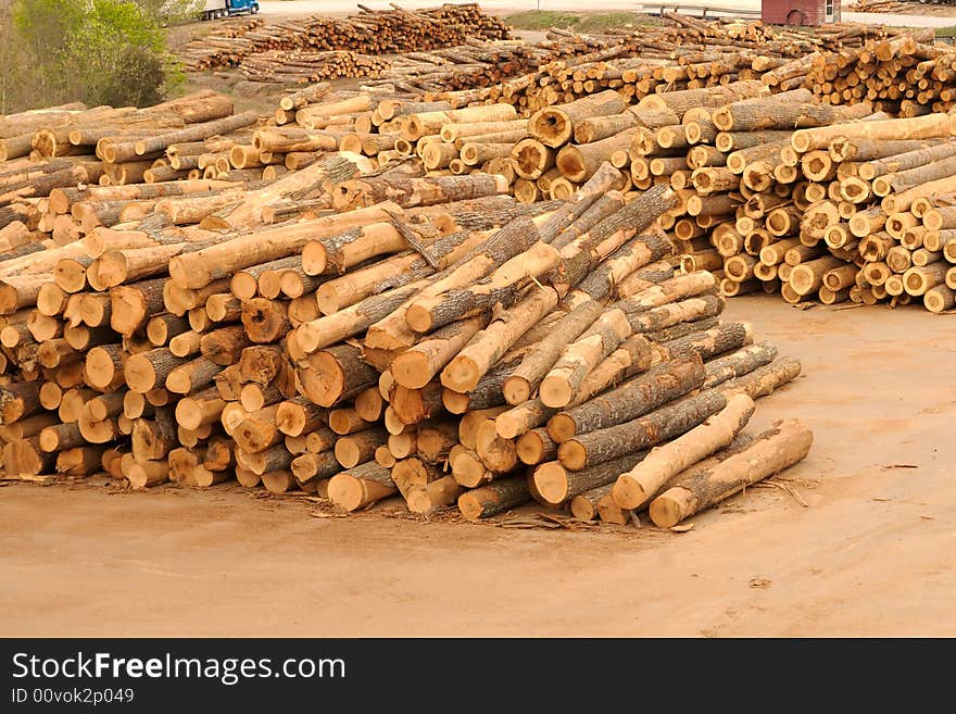 Lumberyard with stacks of logs