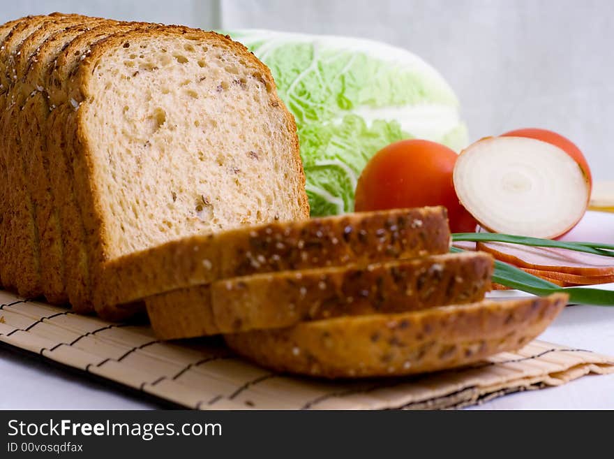 Bread with vegetables. Close up.