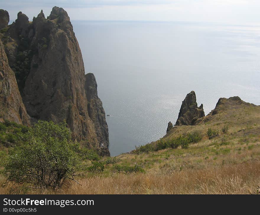 Landscape with sea and rocks on the shore, recorded in Crimea, Black sea. Landscape with sea and rocks on the shore, recorded in Crimea, Black sea.