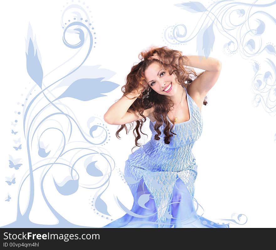 Curly-headed girl on floral blue background. Curly-headed girl on floral blue background