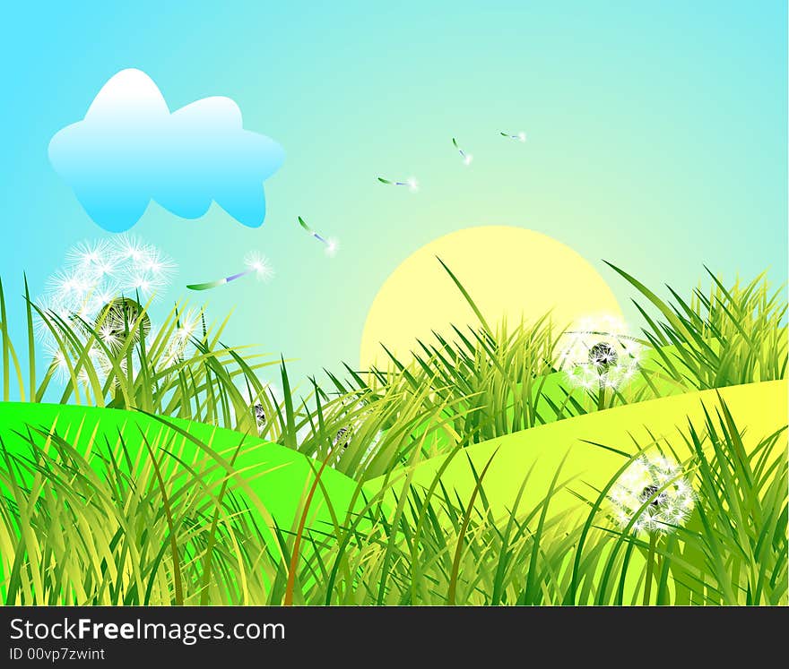 Spring landscape with green grass and blue sky, vector illustration. Look for more great images in my portfolio.