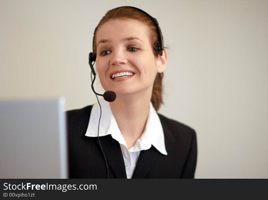 Customer service representative on the phone. Customer service representative on the phone