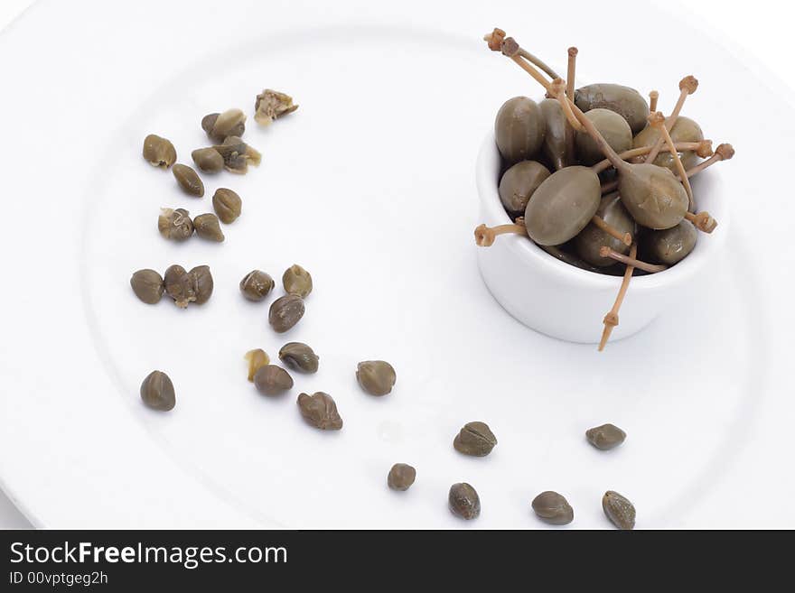 Fruit still life on a plate with jam dish. Isolated on a white background