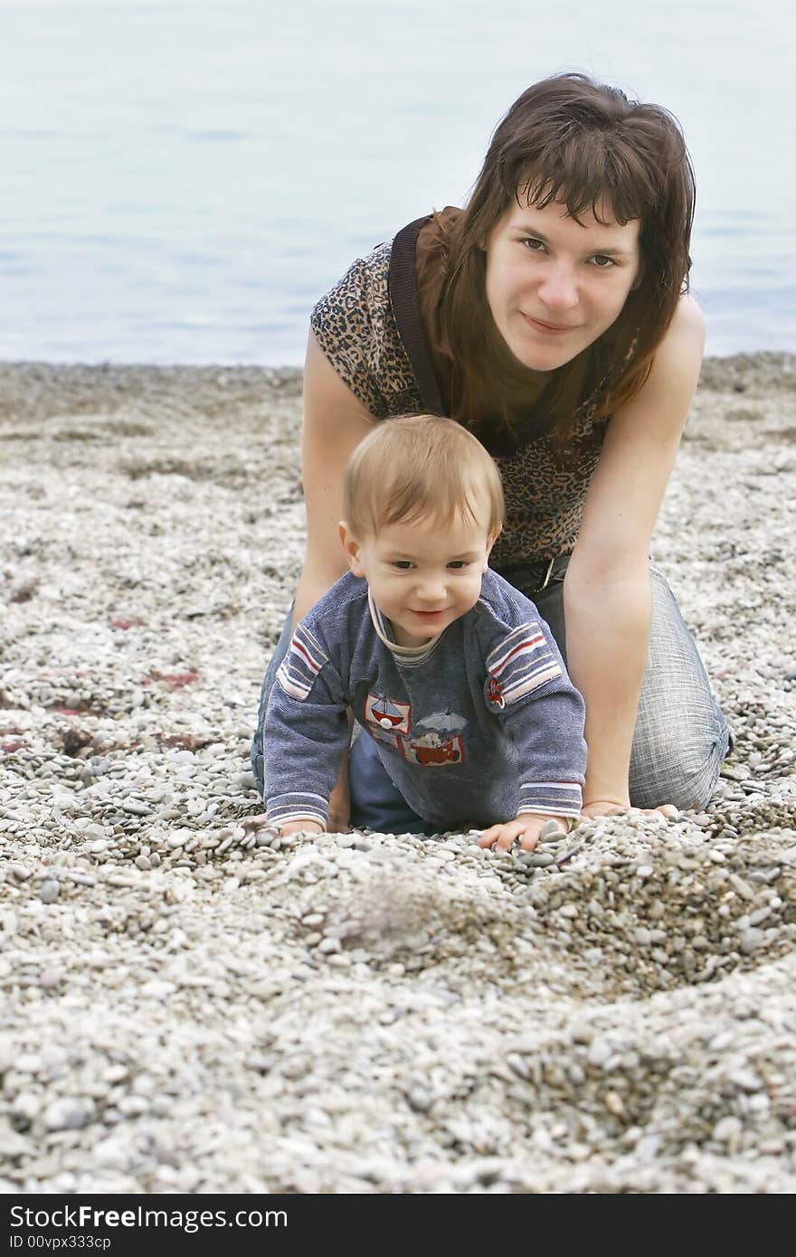 Mother and son on beach