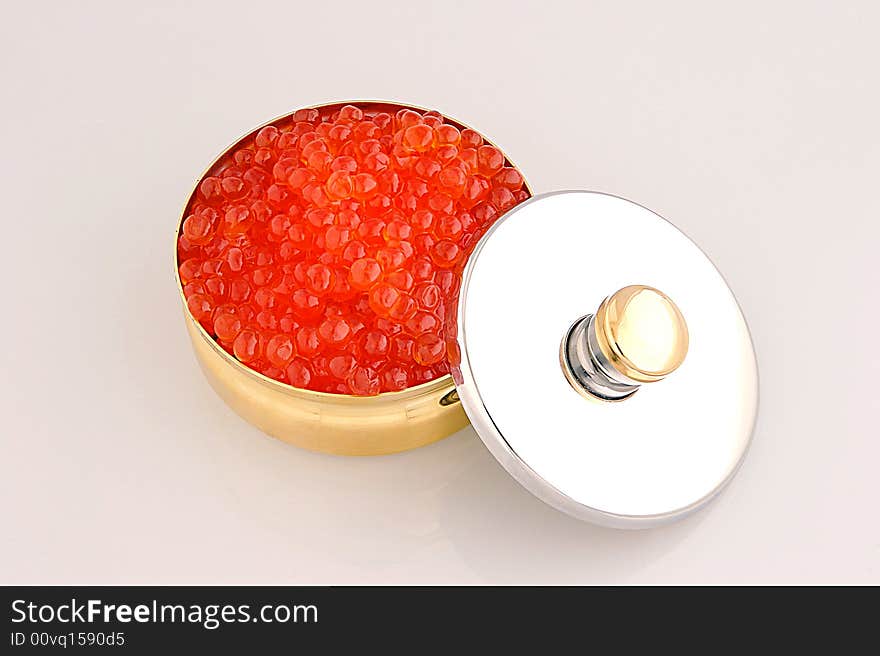 Red caviar in metal bowl