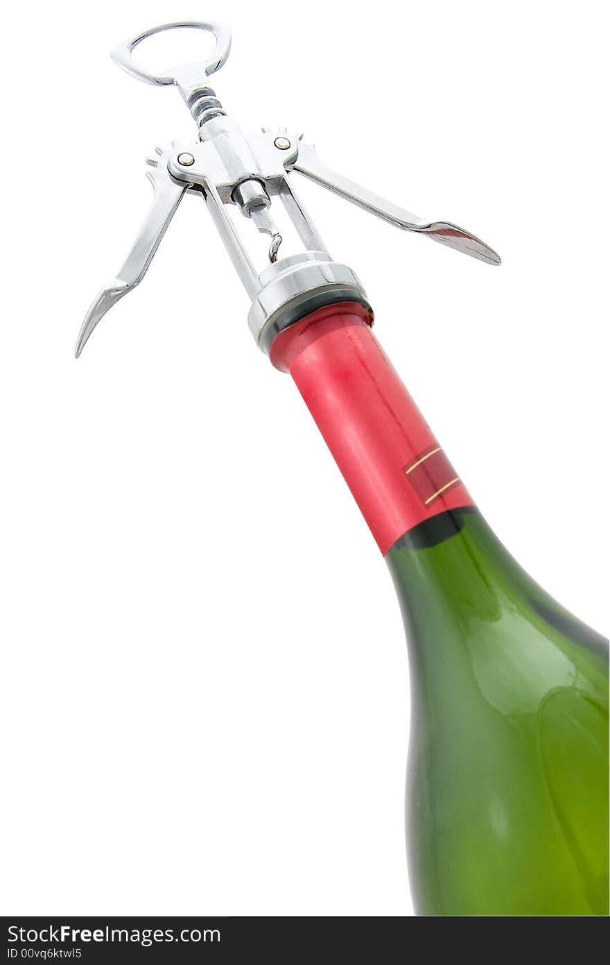 The green bottle opened by a corkscrew costs on a white background