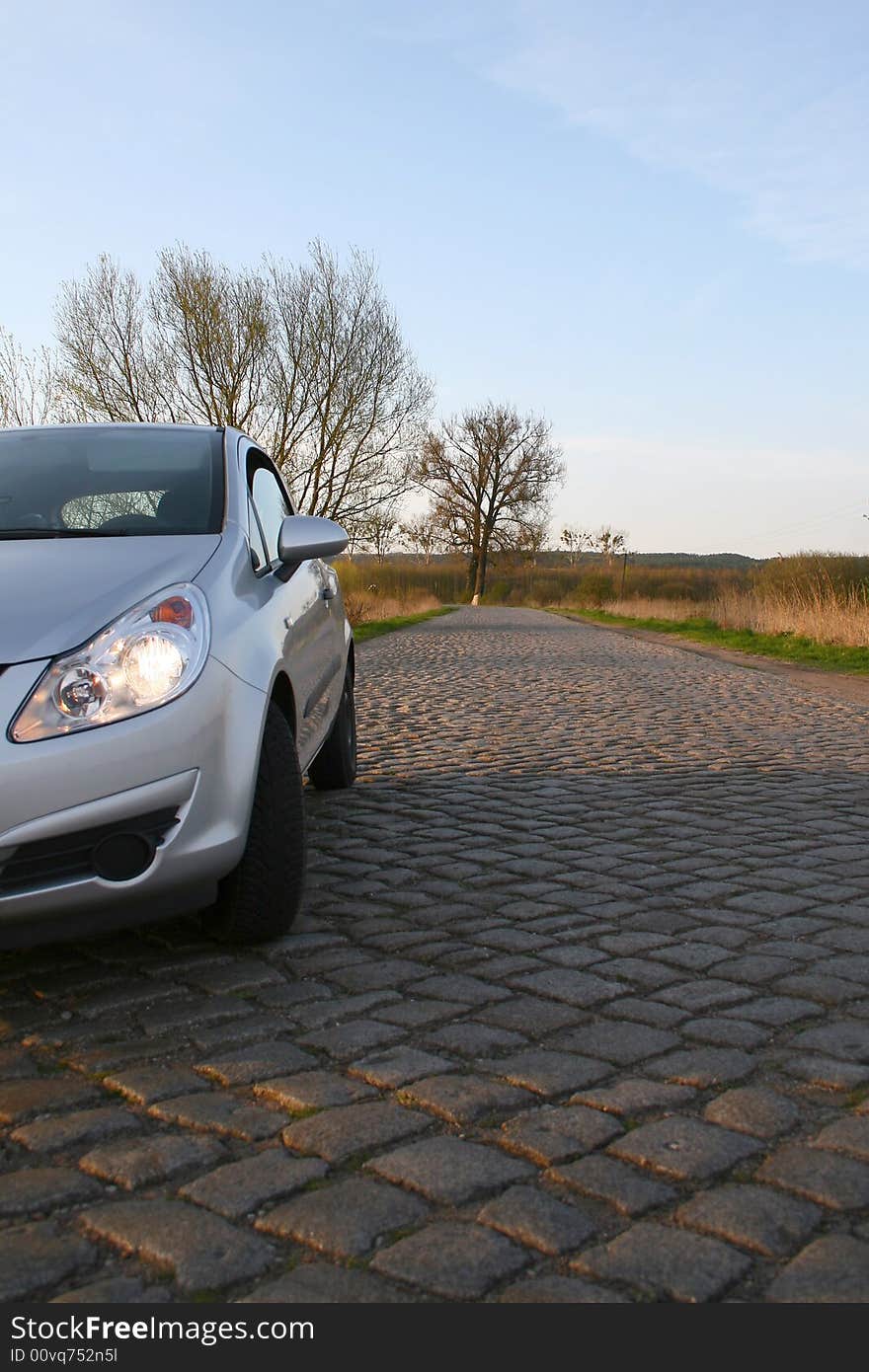 Silver car on the countryside