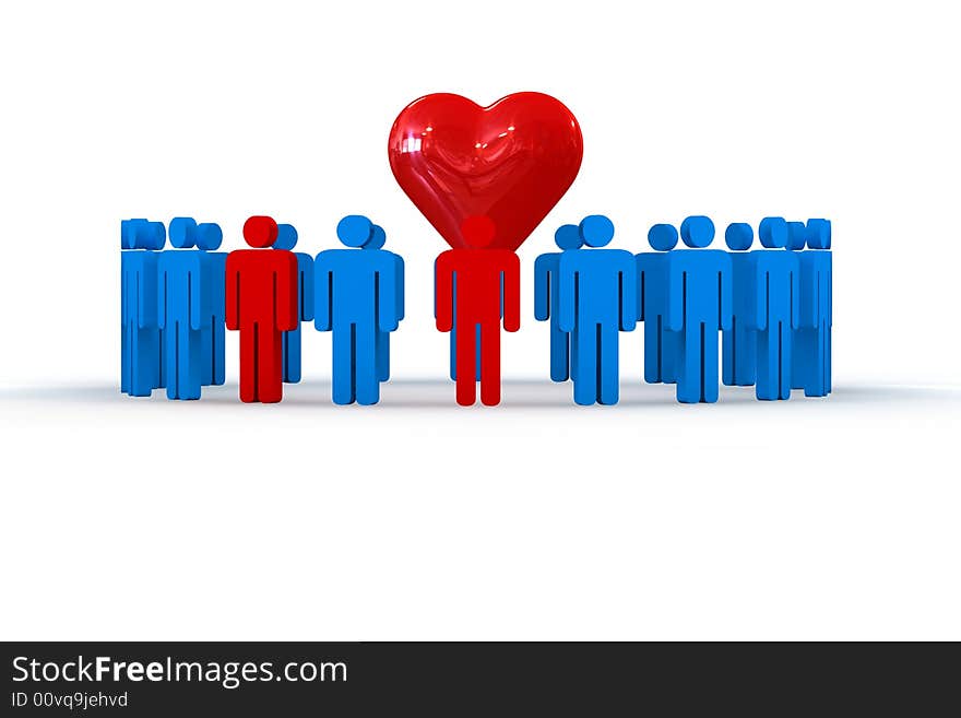 People in circle with red heart symbol - 3d illustration. People in circle with red heart symbol - 3d illustration