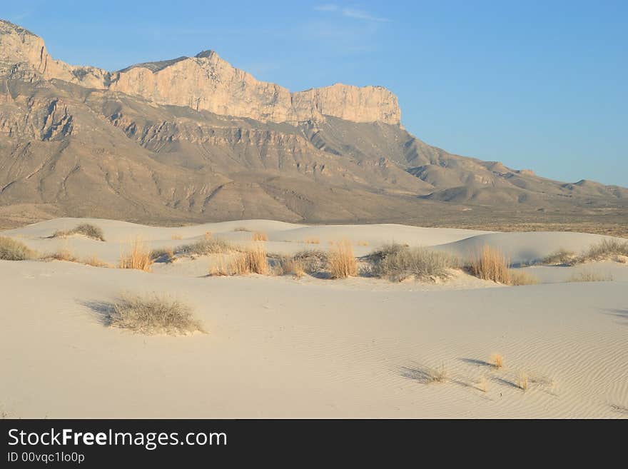 Gypsum sand dunes with El Capitan in the Background - Guadalupe Mountains National Park