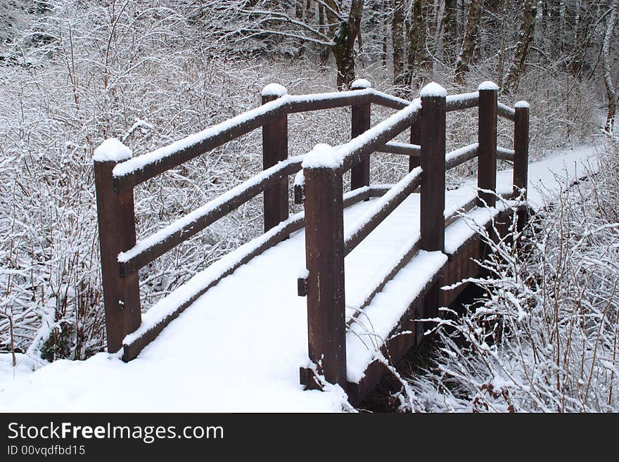 Snow covered footbridge at Silver Falls State Park