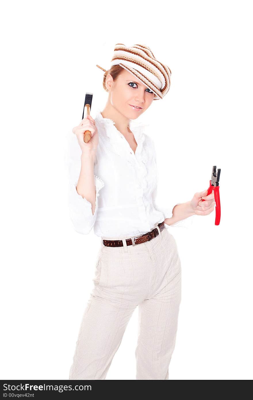 Cute businesswoman in cap with tools on white background. Cute businesswoman in cap with tools on white background