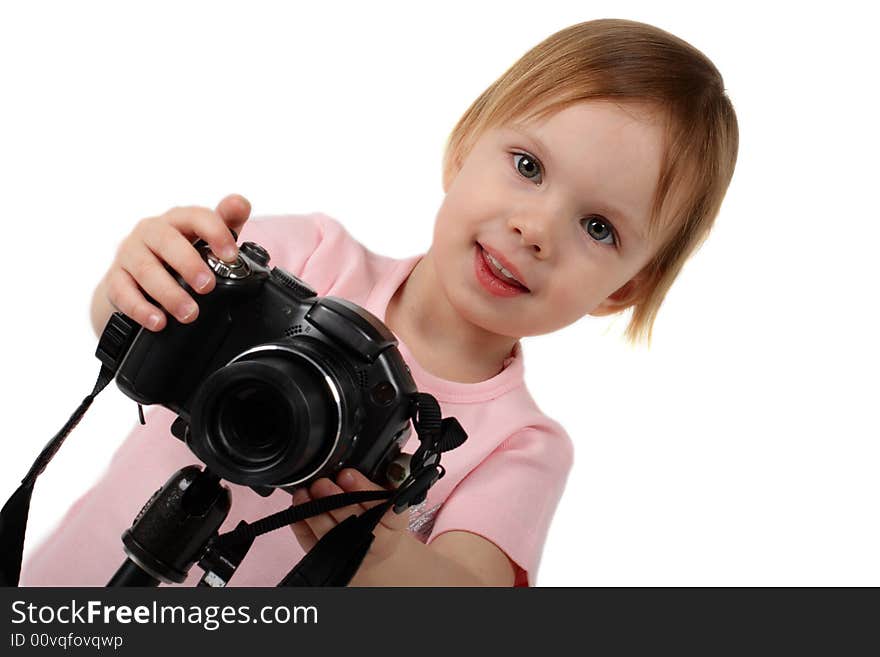 Little beauty girl photograph you by digital camera on tripod. Little beauty girl photograph you by digital camera on tripod