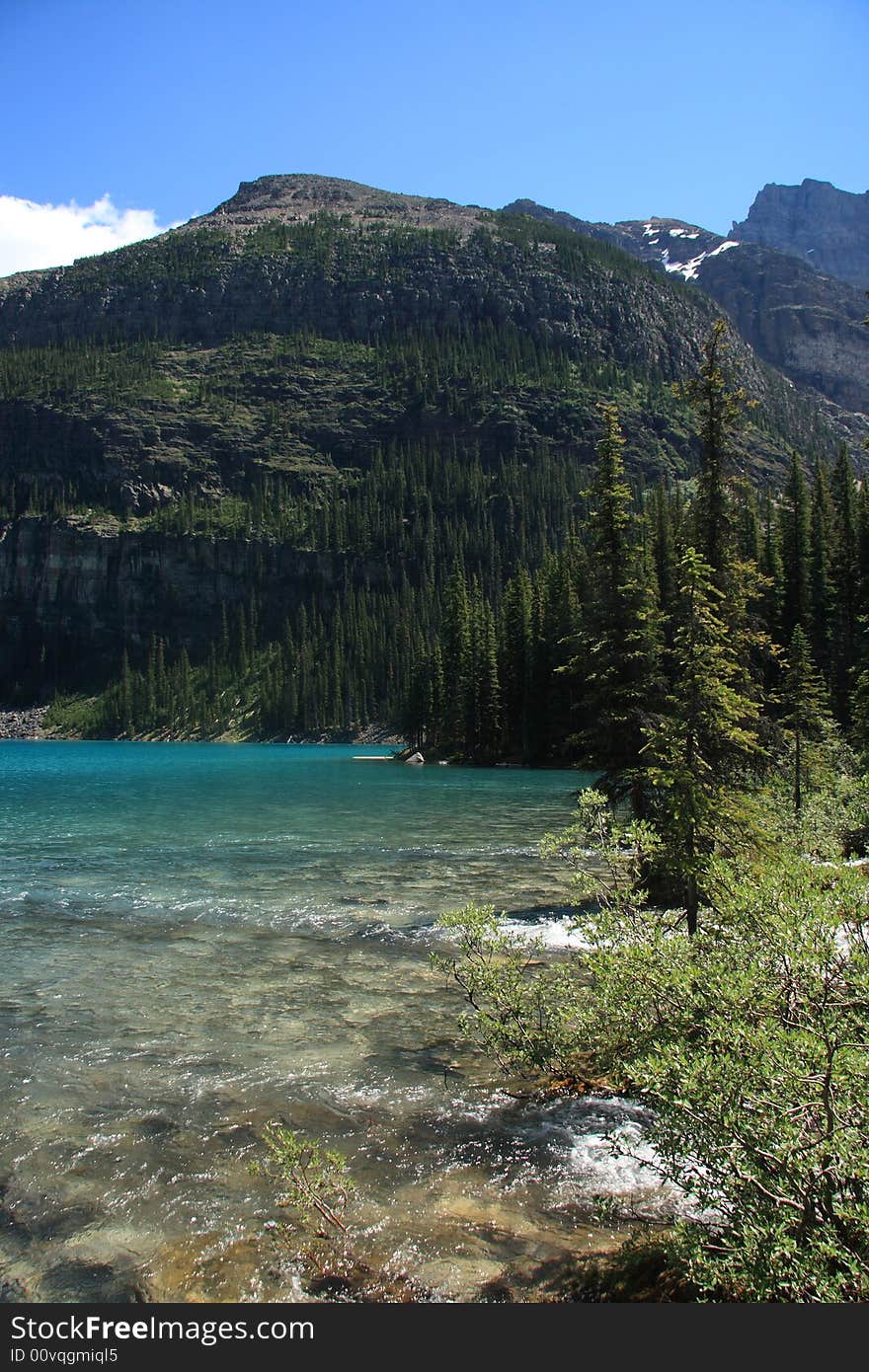 Glacial runoff pouring into an amazing crystal blue lake in the Canadian Rockies. Glacial runoff pouring into an amazing crystal blue lake in the Canadian Rockies