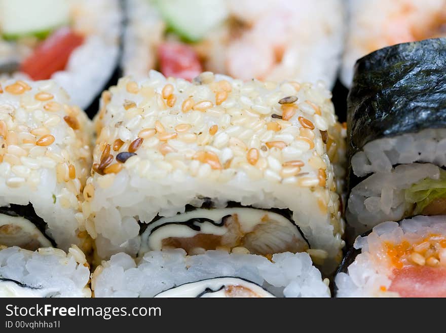 Different types of traditional japanese rolls close-up