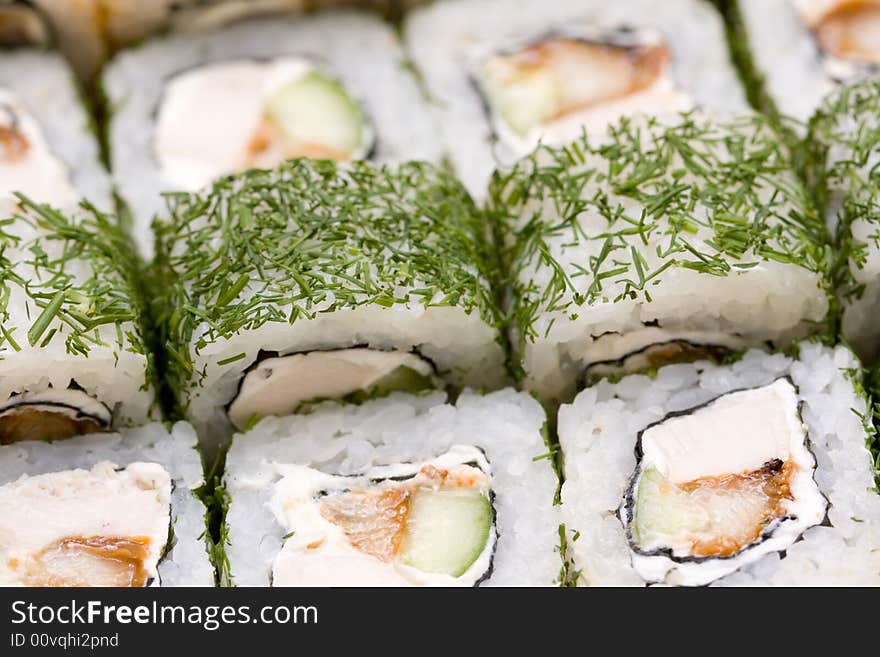 Rolls with chicken and dill close-up