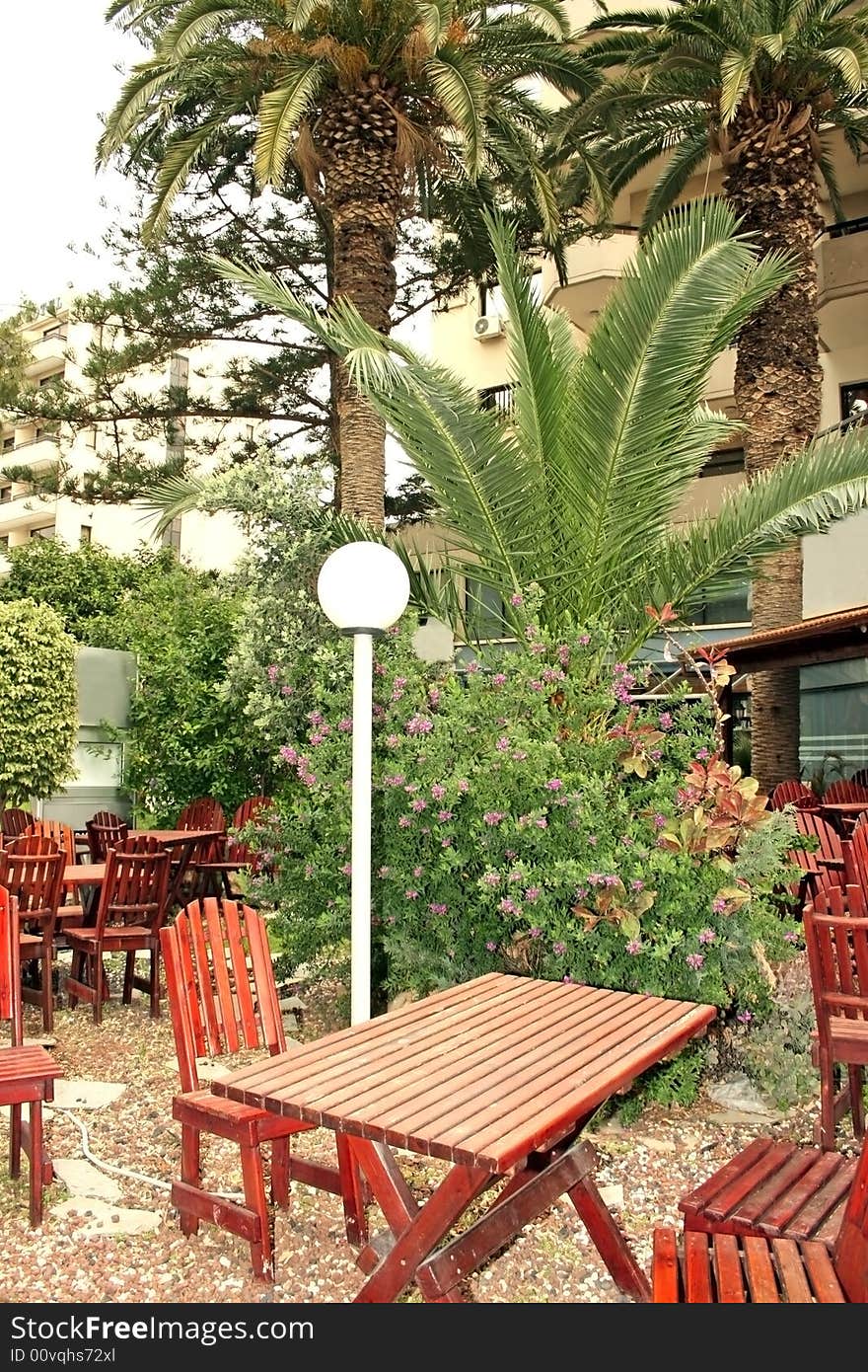 Outdoor restaurant furniture in the garden.