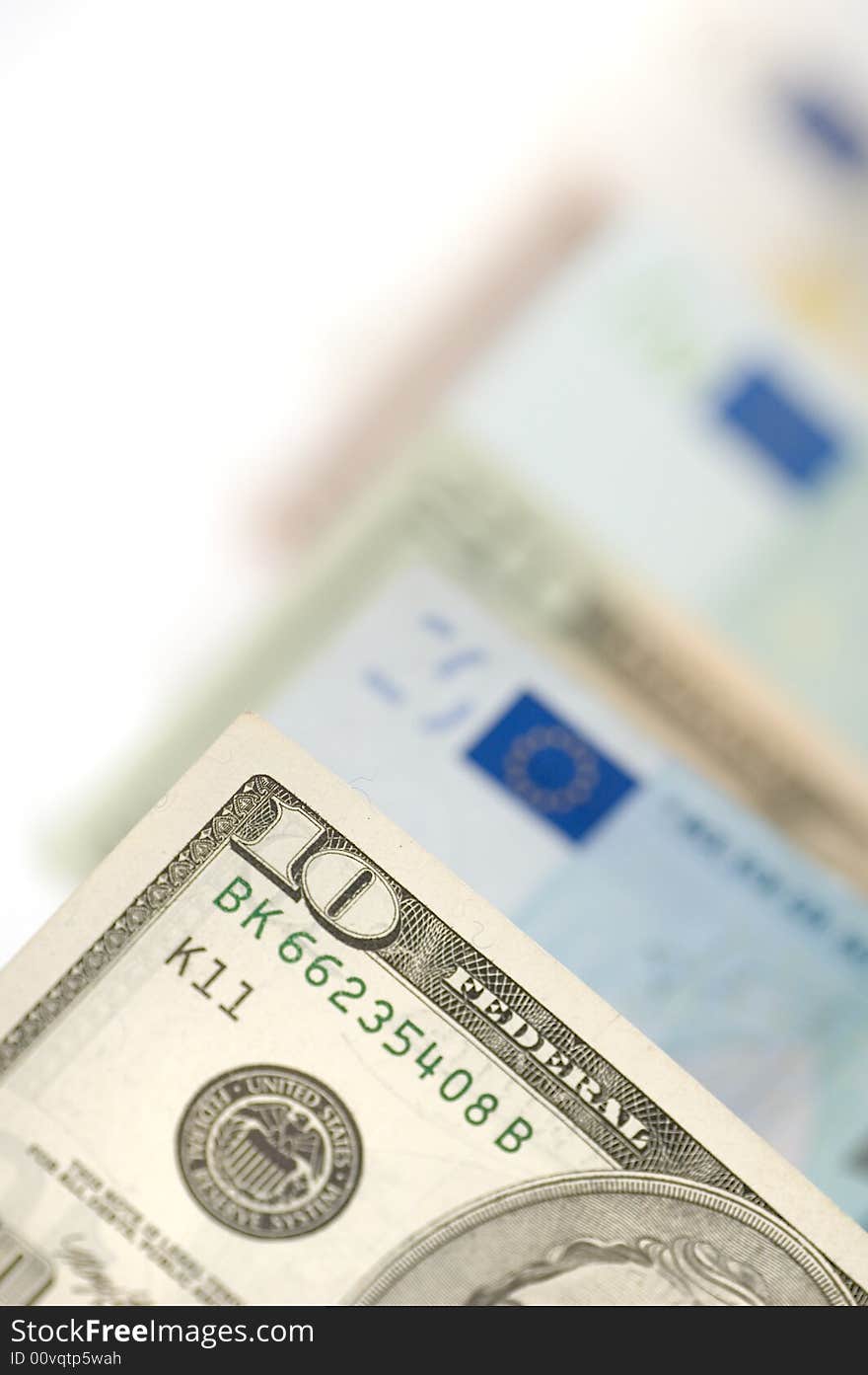 Isolated cash banknotes of dollars and euros