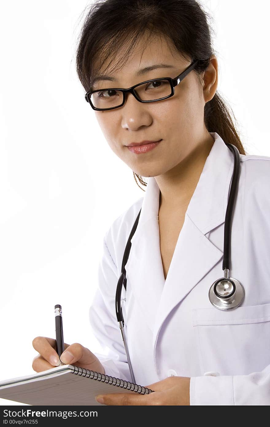 Female doctor with stethoscope in white background.