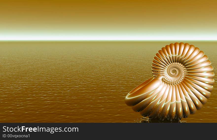 Shell on the sunset sea beach - 3d illustration.