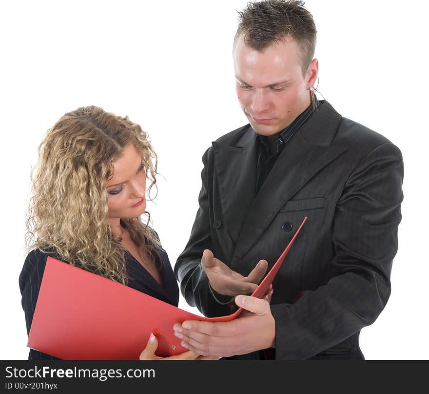 Businesswoman and businessman on white background