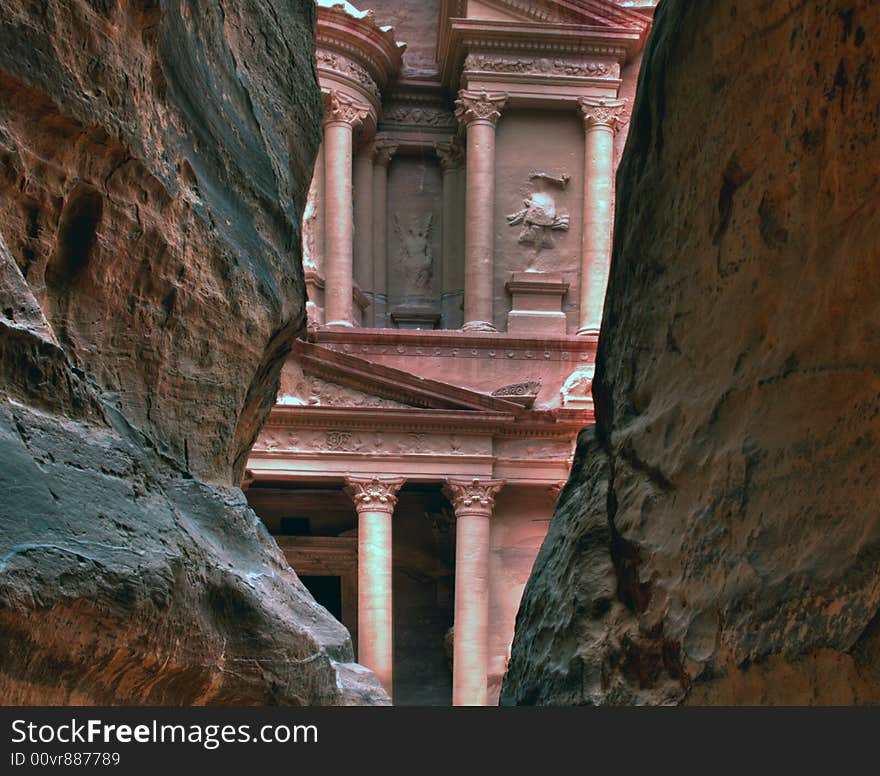 Petra Treasury as featured in the film Indiana Jones and the last crusade with Harrison Ford and Sean Connery. Petra Treasury as featured in the film Indiana Jones and the last crusade with Harrison Ford and Sean Connery.