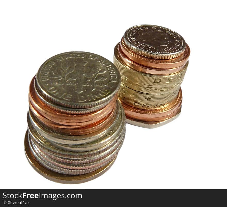 Dollar and Pound stacked on a White Background. Dollar and Pound stacked on a White Background