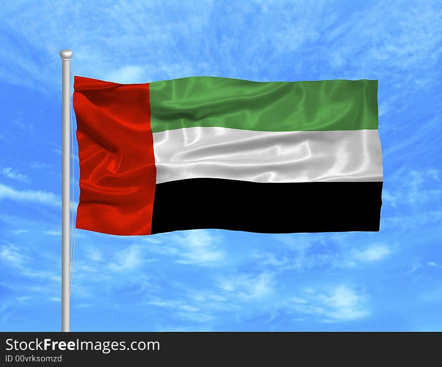 Illustration of waving United Arab Emirates Flag on blue sky. Illustration of waving United Arab Emirates Flag on blue sky