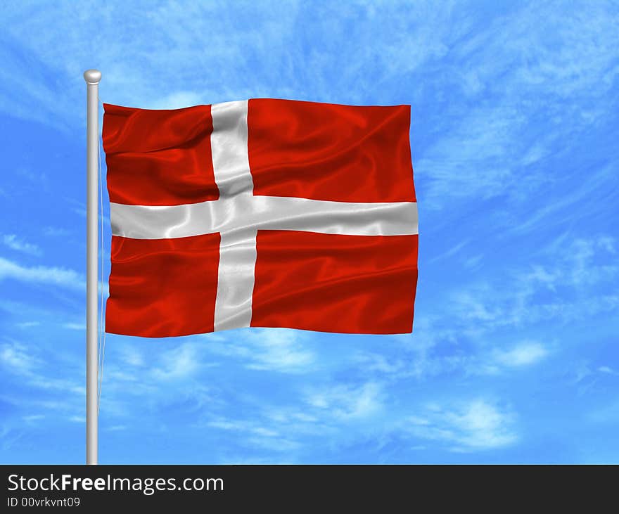 Illustration of waving Danish Flag on blue sky. Illustration of waving Danish Flag on blue sky