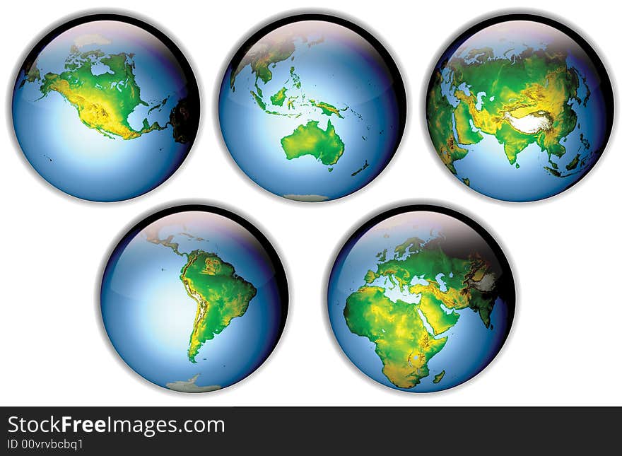 Decorative elements. Glass balls/buttons isolated. 5 continents. Decorative elements. Glass balls/buttons isolated. 5 continents