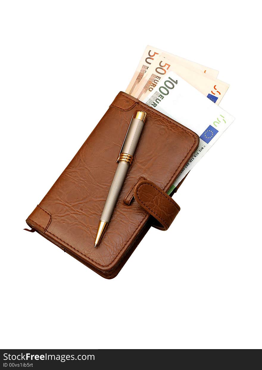 Leather organizer with pen and a banknotes. Leather organizer with pen and a banknotes